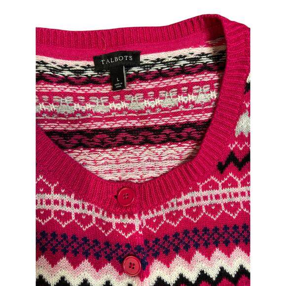 TALBOTS Pink Red Fairisle Fair Isle Nordic Cardigan Long Sleeve Sweater Sz LARGE - Picture 3 of 6